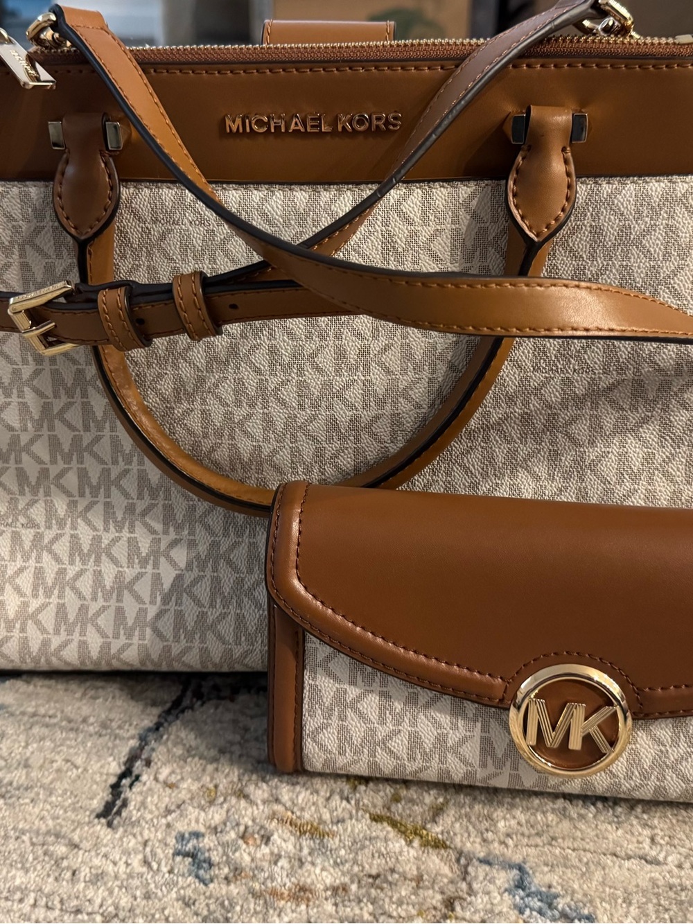 Michael Kors Tan and Beige Logo Tote with Matching Wallet
